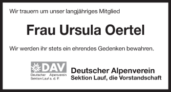 Traueranzeige von Ursula Oertel von Pegnitz-Zeitung